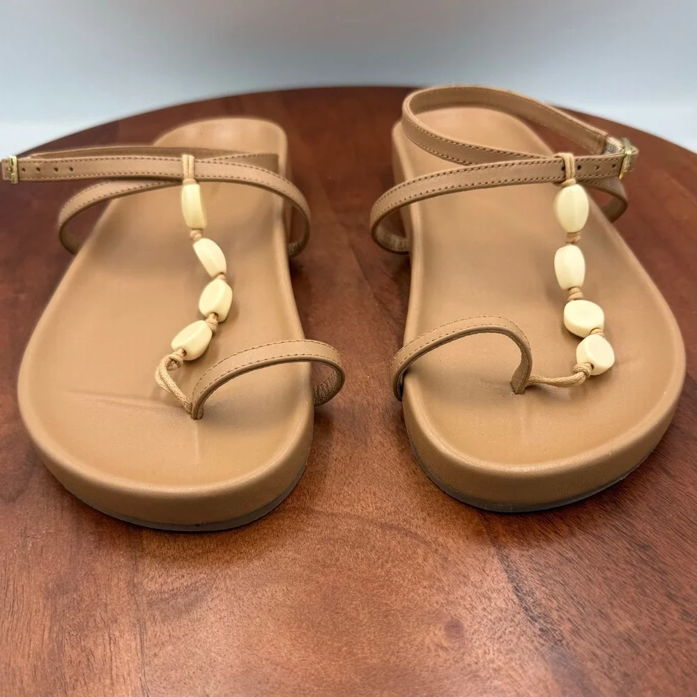 Anthropologie‎ Toe Loop Shell Sandals Tan Leather Ankle Strap Thongs Coastal W 7